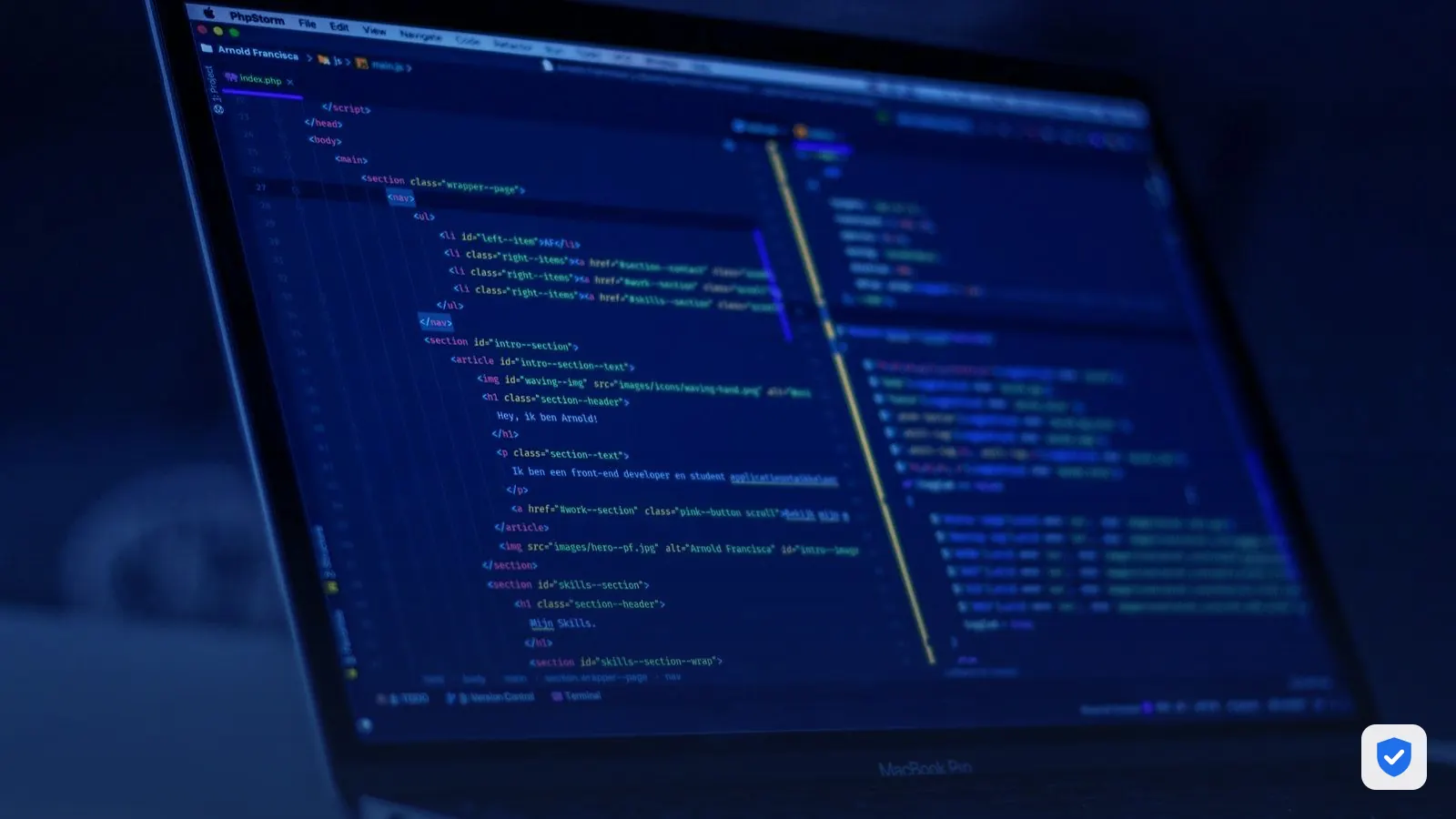 Laptop showing website source code being checked line by line for malware